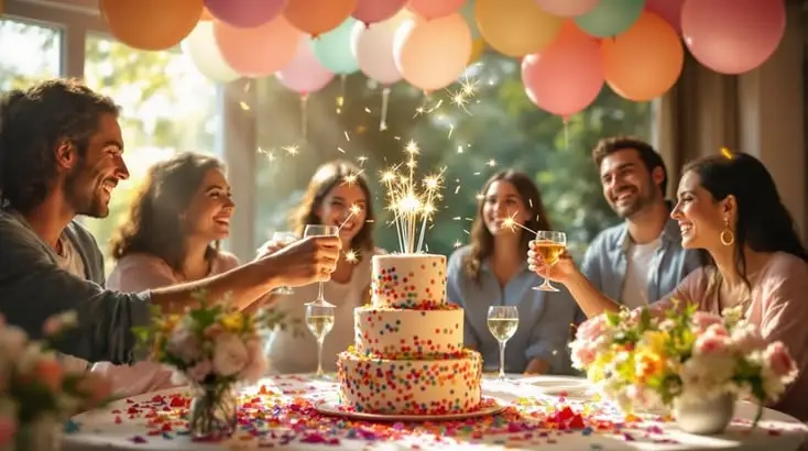 Friends celebrating a birthday together around a decorated table with a colorful cake, sparkling candles, flowers, confetti, and vibrant balloons.
