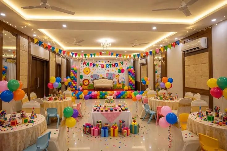 Colorful birthday party venue with balloons, cake, decorated tables, and party setup