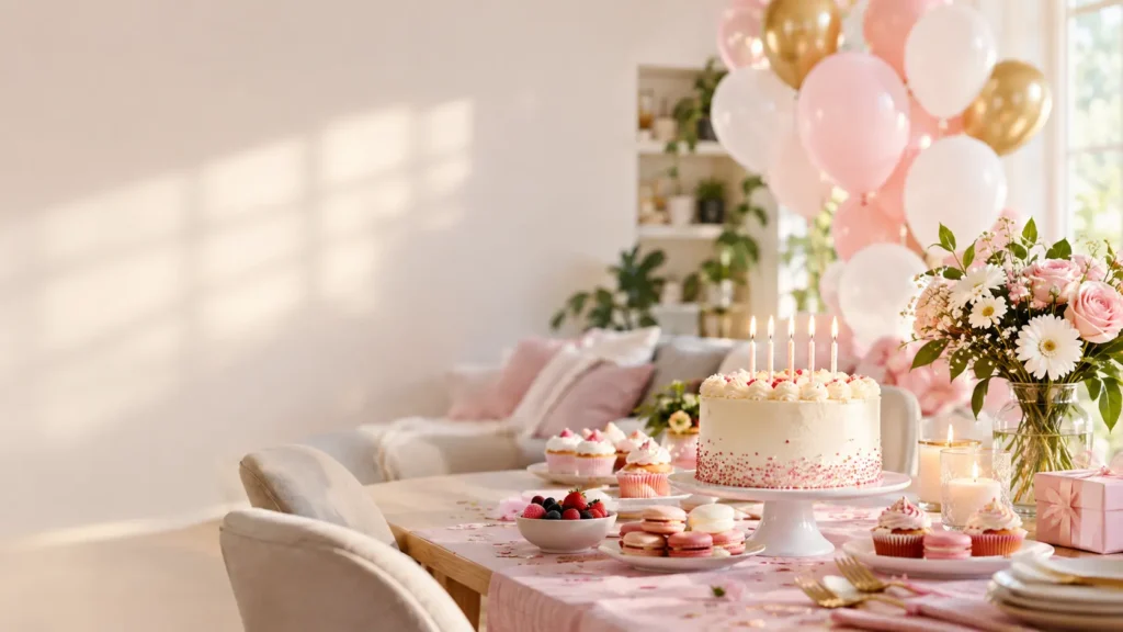 Elegant birthday party setup with a decorated cake, candles, pink and white balloons, flowers, cupcakes, macarons, and a beautifully decorated table.