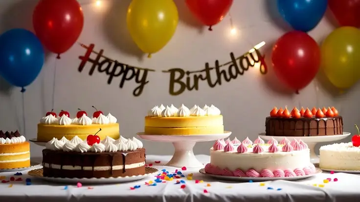 Birthday Party Ideas for Kids 1 Colorful birthday party display featuring multiple decorated cakes, vibrant balloons, confetti, and a Happy Birthday banner.