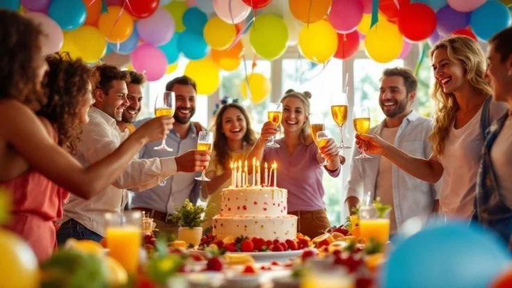 Friends celebrating a birthday together with a decorated cake, colorful balloons, and festive drinks at a party.