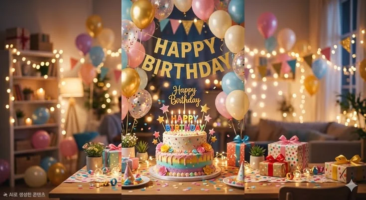 Birthday Party Places Near Me 5 Colorful birthday party decoration with birthday cake, balloons, gifts, and Happy Birthday banner