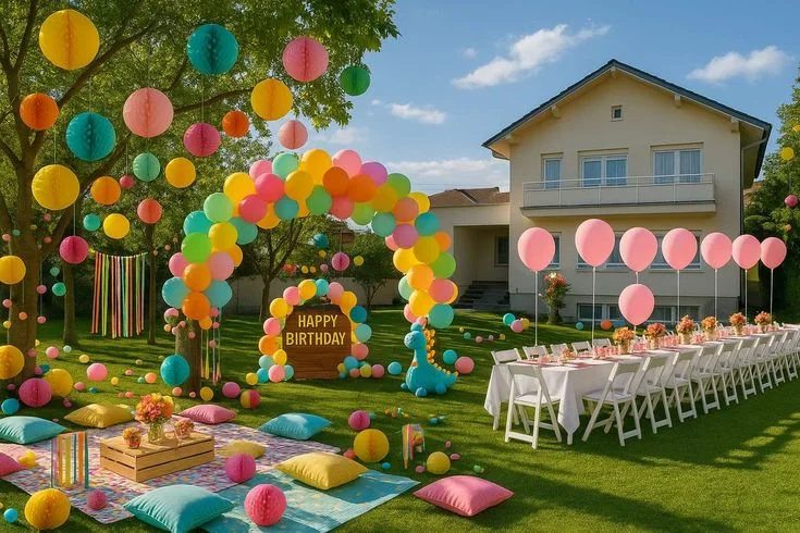 Outdoor birthday party setup with colorful balloon arch, hanging balloons, picnic seating, decorated tables, and a birthday sign in a garden.