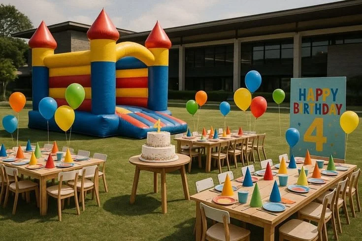 Birthday Party Places Near Me 2 Kids birthday party setup with colorful tables, balloons, birthday cake, party hats, and a large inflatable bounce house.