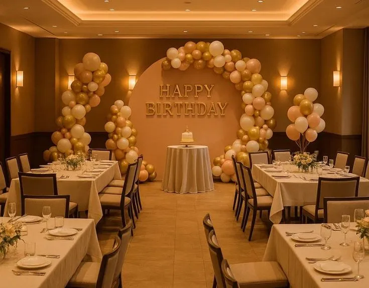 Elegant birthday party venue decorated with gold and peach balloon arches, round tables, floral centerpieces, and a stylish Happy Birthday backdrop.