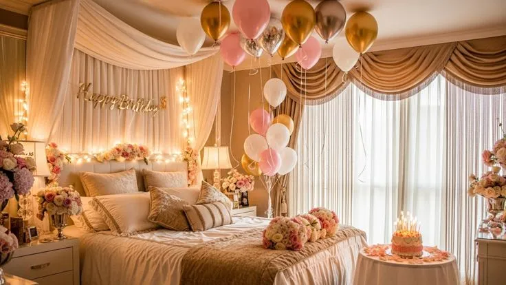 Elegant bedroom decorated for a birthday celebration with pink, gold, and white balloons, floral arrangements, warm fairy lights, a birthday cake, and luxurious draped curtains.