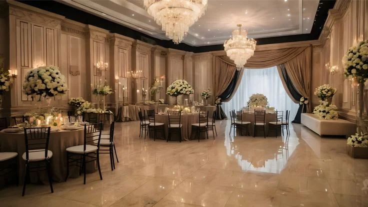 Elegant indoor birthday party venue with decorated tables, white floral centerpieces, chandeliers, and luxury event decor