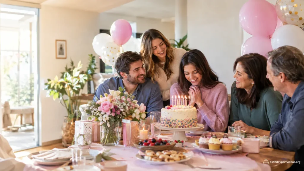 Family celebrating a birthday together with a decorated cake, candles, balloons, and gifts