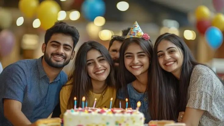 Friends celebrating a birthday together with balloons, party hats, and a birthday cake