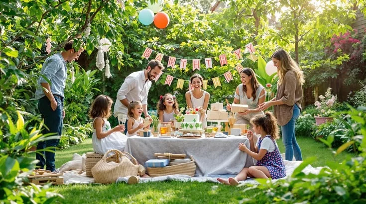 Family celebrating a birthday outdoors with a decorated table, birthday cake, balloons, and birthday banner in a garden.