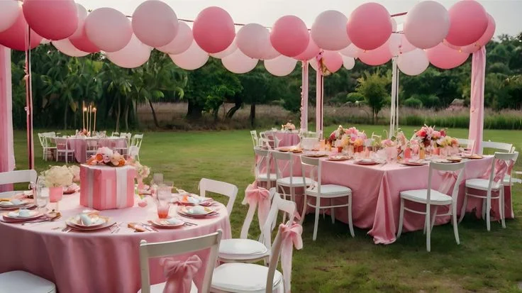 Outdoor birthday party setup with pink balloons, decorated tables, floral centerpieces, and white chairs in a garden setting