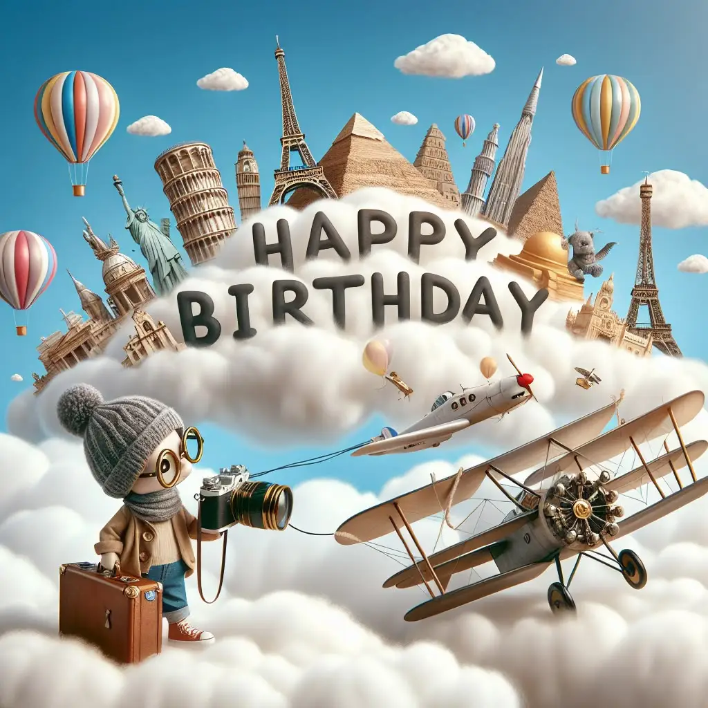 Birthday Party Ideas for Kids 3 Happy Birthday travel-themed illustration with famous landmarks, hot air balloons, airplane, and photographer