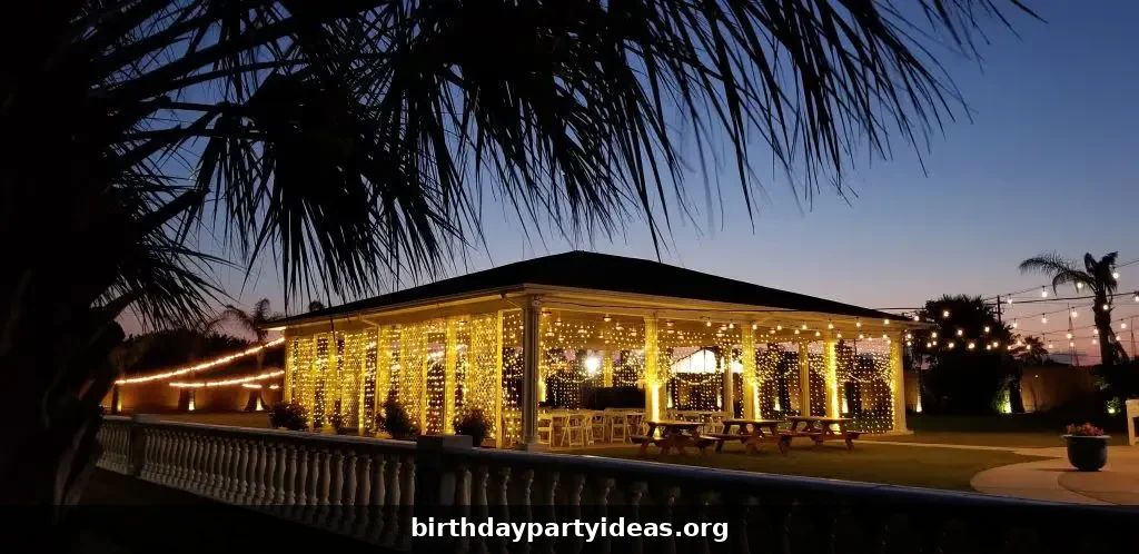 Superhero birthday party city skyline with string lights for heroes on patrol