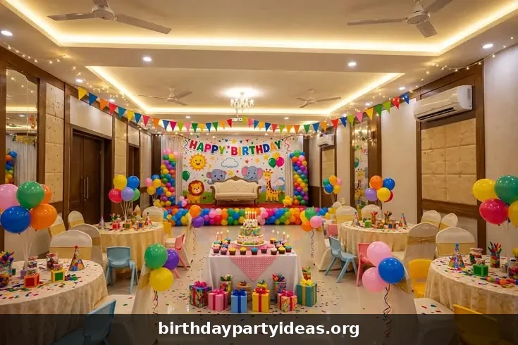 Birthday party hall decorated as superhero headquarters