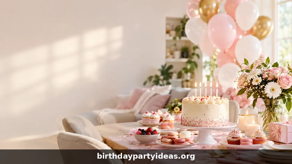 Pink birthday cake with pastel decorations