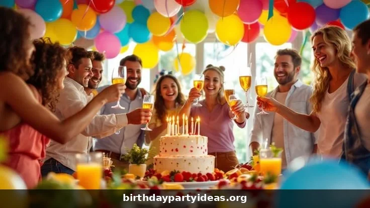Colorful birthday celebration with cake balloons and friends