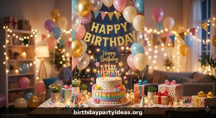 Princess birthday party room with pink decorations, cake, balloons, and gifts