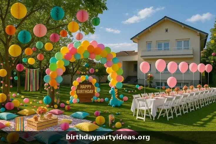 Colorful outdoor birthday party with balloon arch and garden decorations