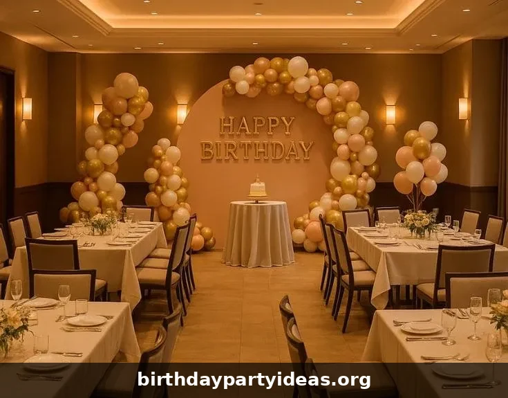 Decorative birthday hall with gold and peach decor
