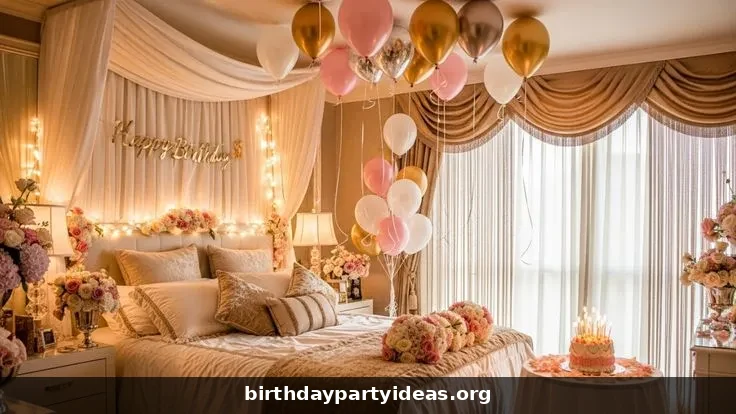 Dreamy birthday bedroom decoration with balloons garlands and fairy lights