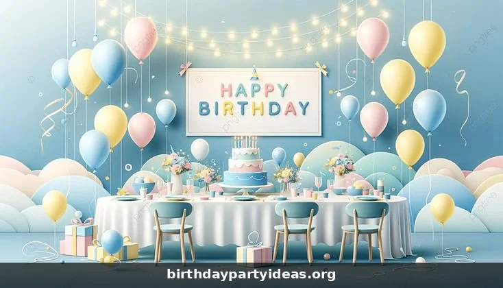 Pastel first birthday party decoration with balloons and cake