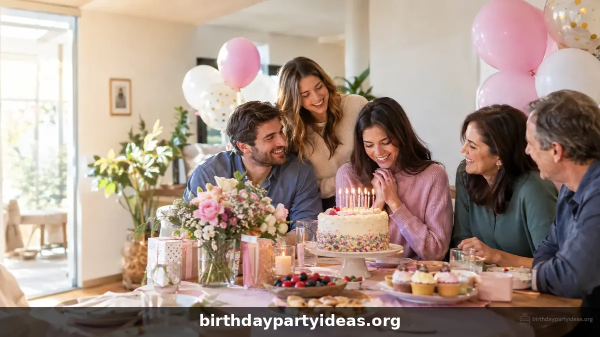Family celebrating a princess birthday party with cake, balloons, and gifts