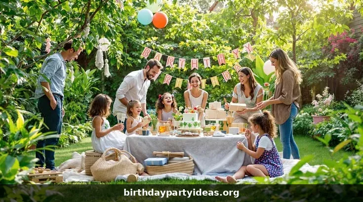 Outdoor garden birthday party with family friends and cake
